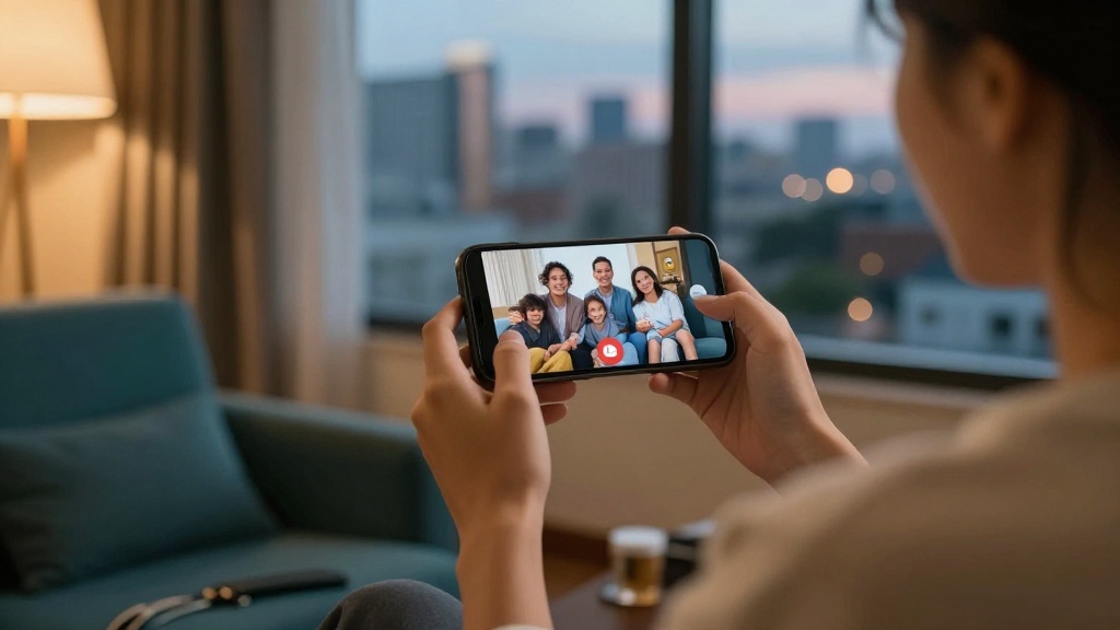 Traveller making a video call on a smartphone from a hotel room with a city skyline at dusk