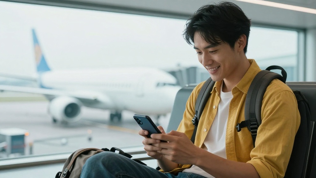Traveller at an airport gate checking that mobile data is connected on their phone
