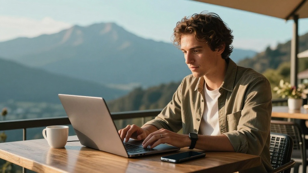 Digital nomad tethering a laptop to a smartphone hotspot while working with a mountain view